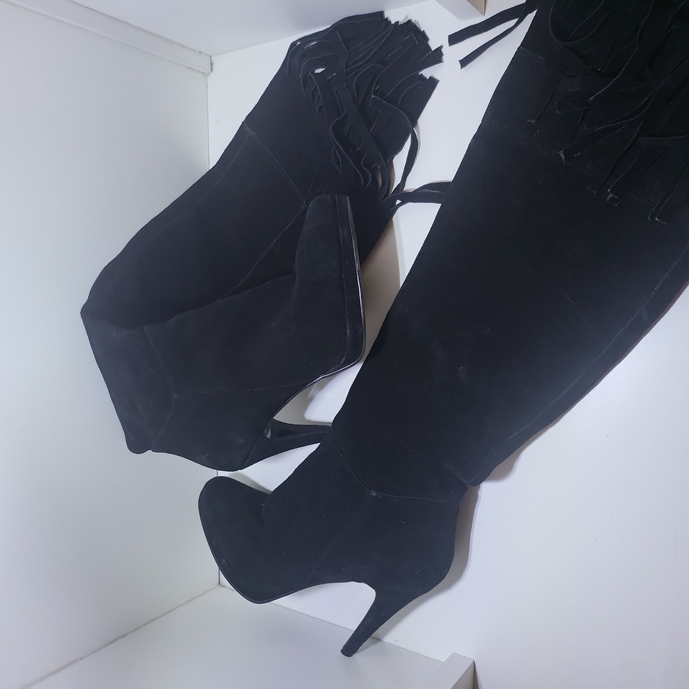 Black suede platform fringe knee boots